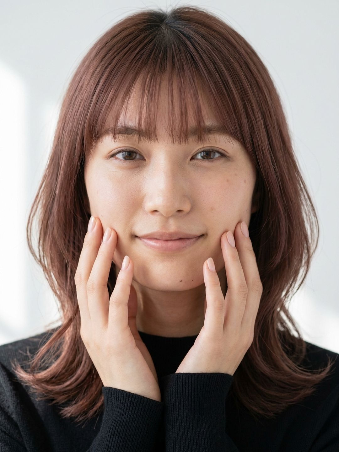 両手を頬に添えて穏やかに微笑む20代の女性（イメージ）