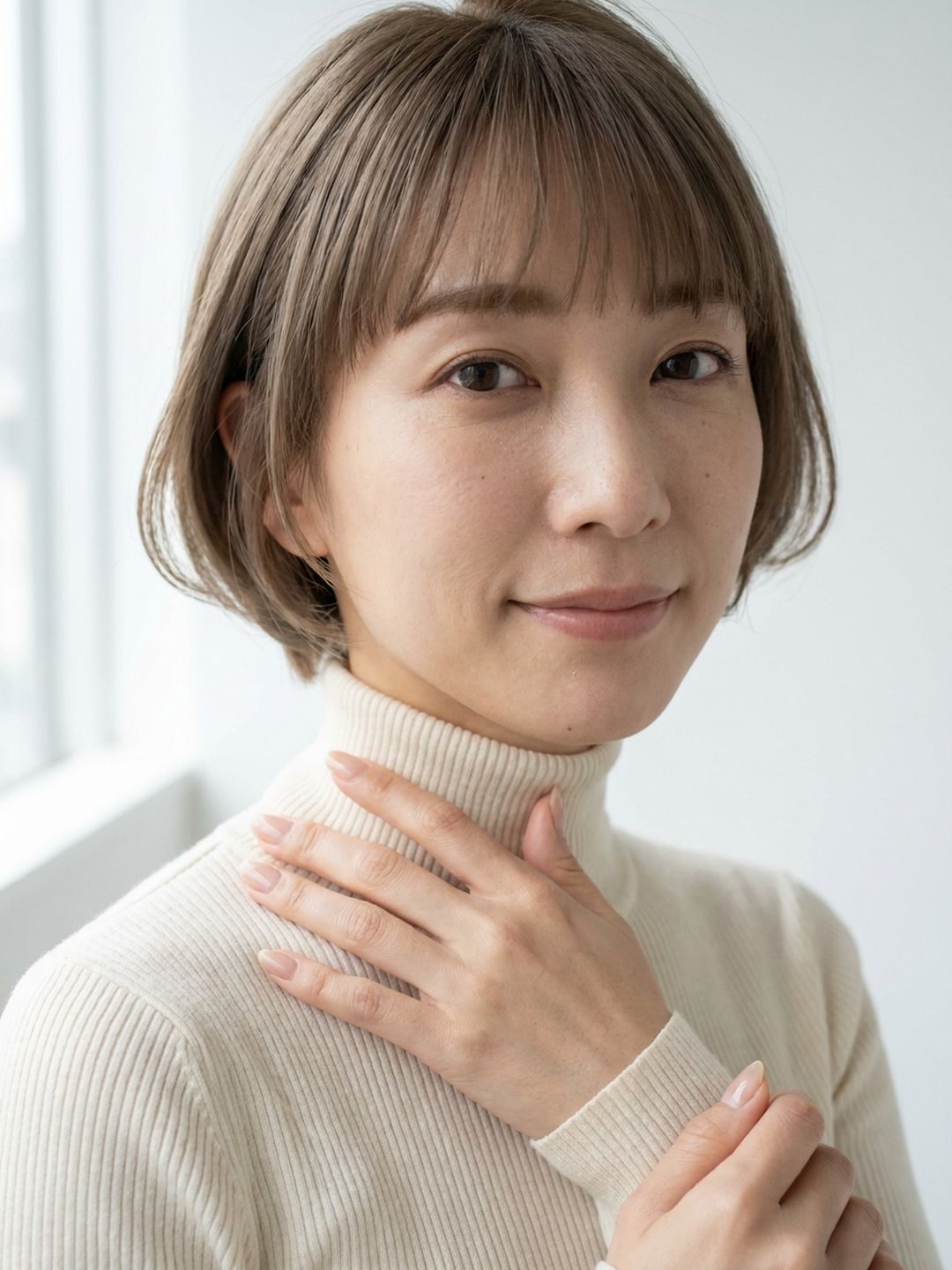 手を首元に添えてやわらかく微笑む30代の女性（イメージ）