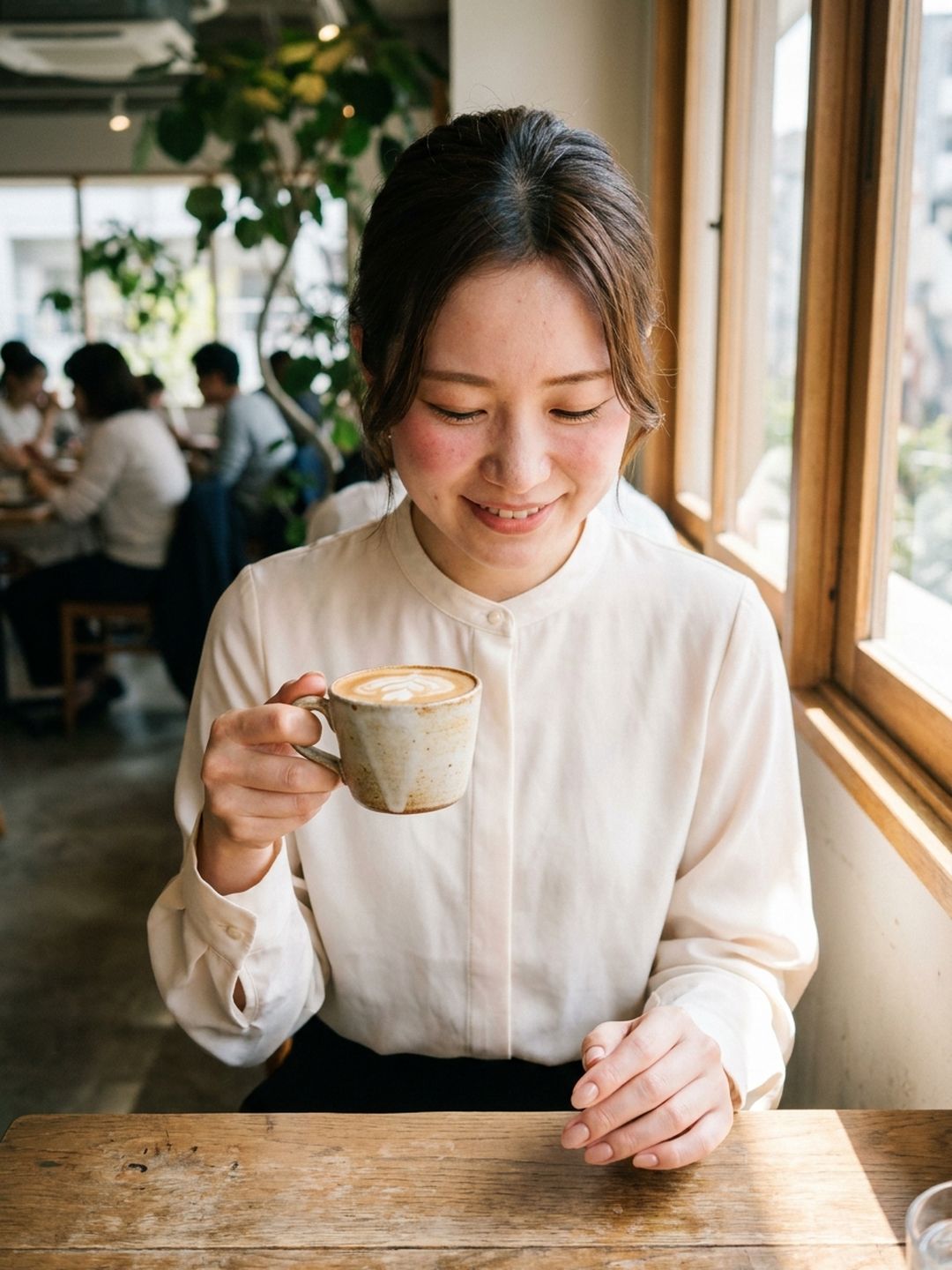 カフェでカップを持ち、自分の手元を見て微笑む女性