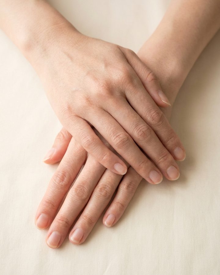 重ねた両手。手の甲がやや乾燥し、ハリの印象が乏しい