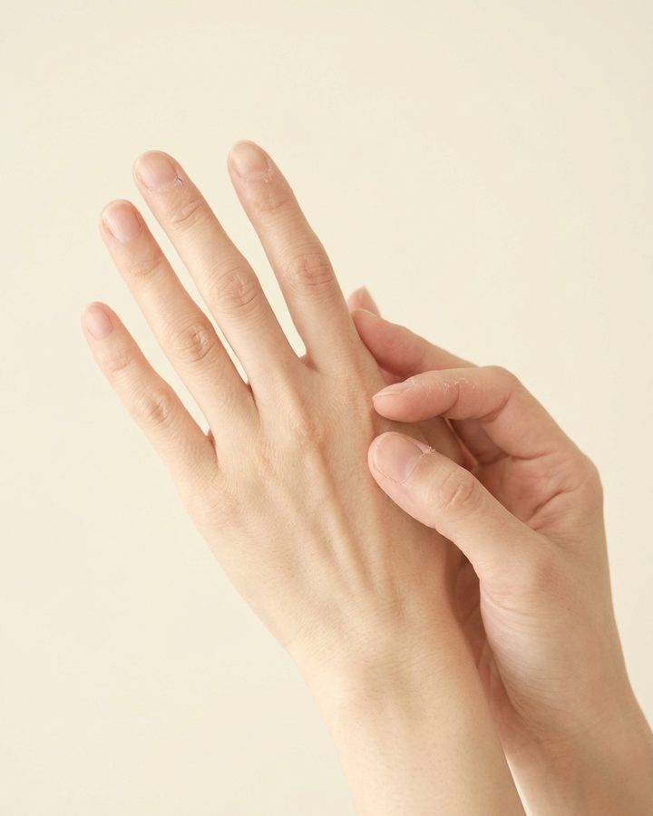 指の関節まわりが少し乾燥した、女性の手の甲