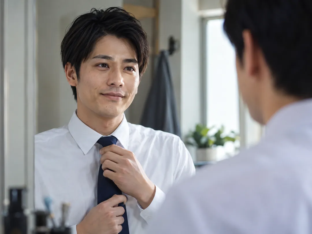 朝の身支度を終えて鏡に穏やかに微笑むスーツの男性のイメージ