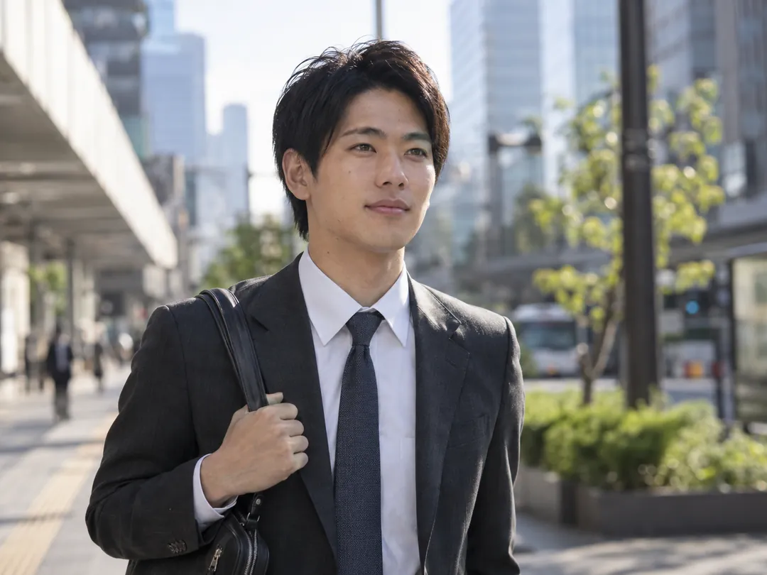 朝のオフィス街を歩くスーツの男性のイメージ