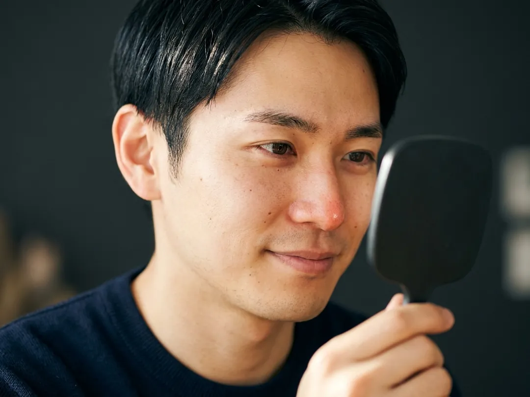手鏡で眉を確かめて穏やかに微笑む男性のイメージ