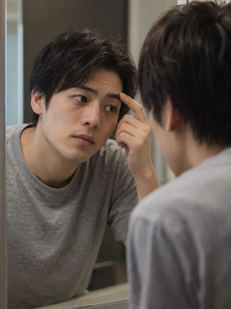 鏡の前で左右の眉を見比べる男性のイメージ