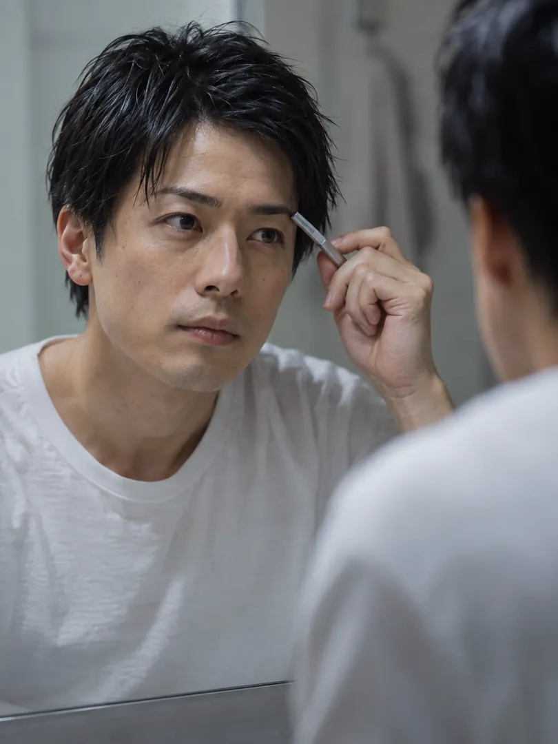 朝の洗面台で眉を整えようとして手を止める男性のイメージ