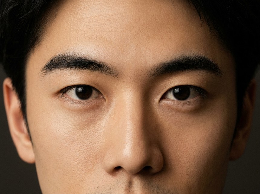 厚みを残して整えた、ダンディーな眉の男性