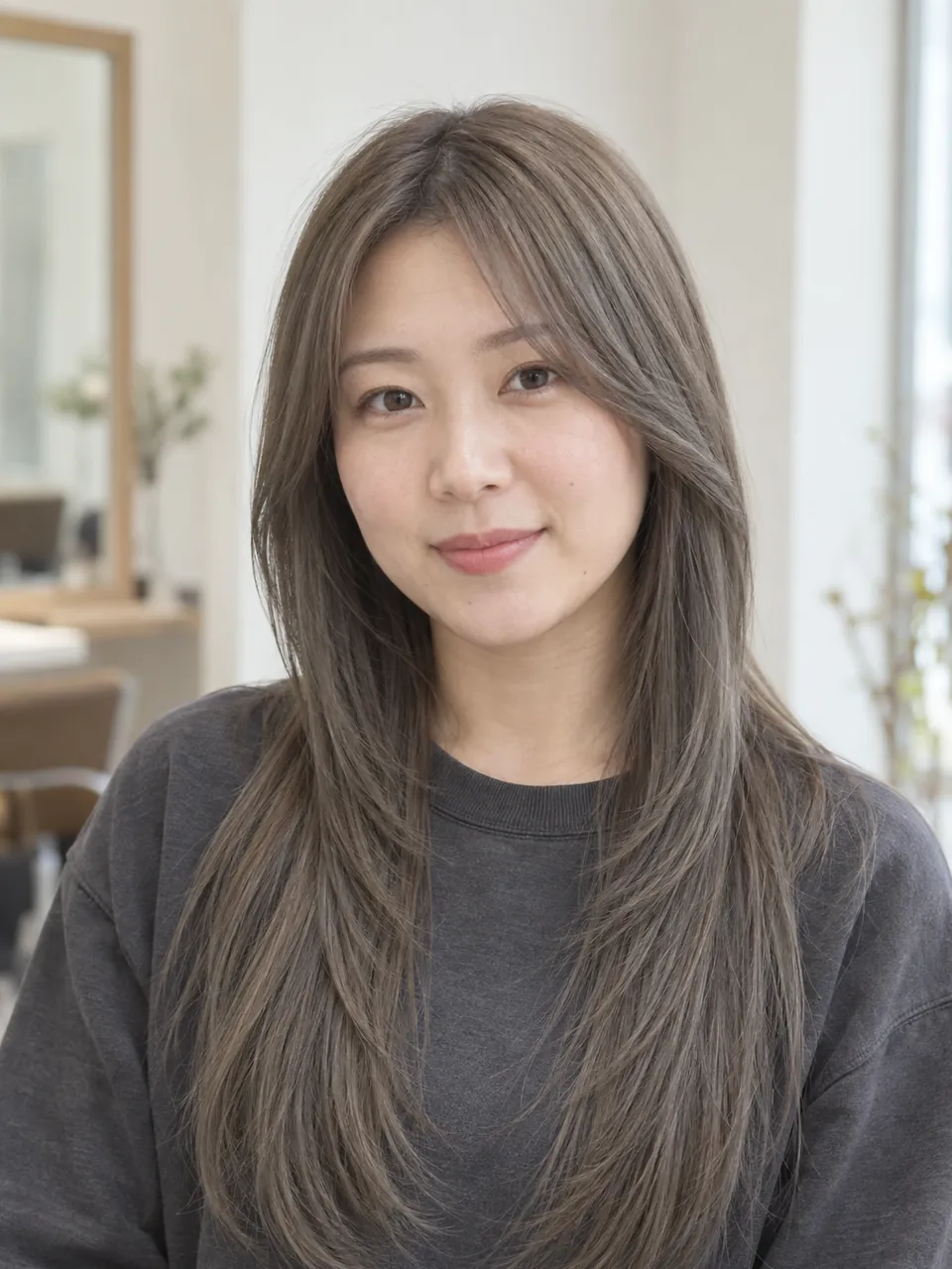 ミントグレージュの髪色で、スウェット姿の30代女性のイメージ