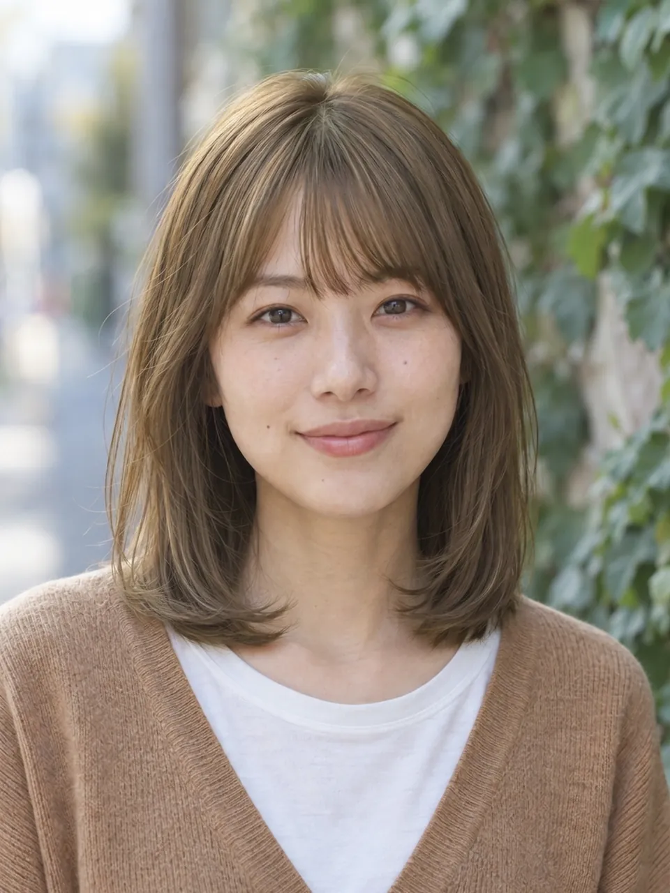 ヘーゼルの髪色で、Vネックニット姿の20代女性のイメージ
