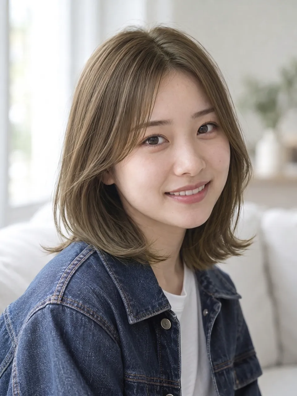 ヘーゼルの髪色で、デニムジャケット姿の20代女性のイメージ