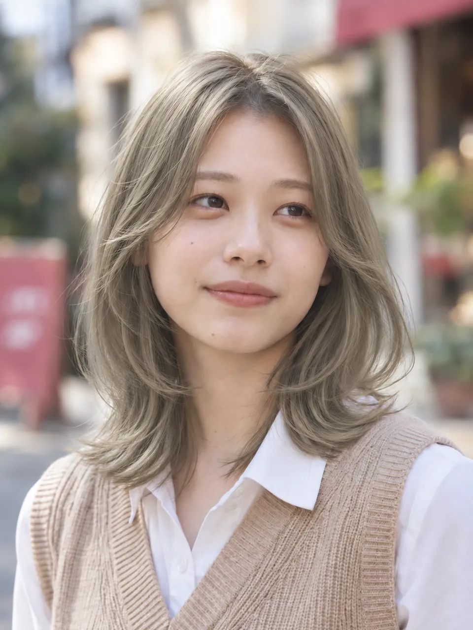 ミントベージュの髪色で、ニットベスト姿の20代女性のイメージ