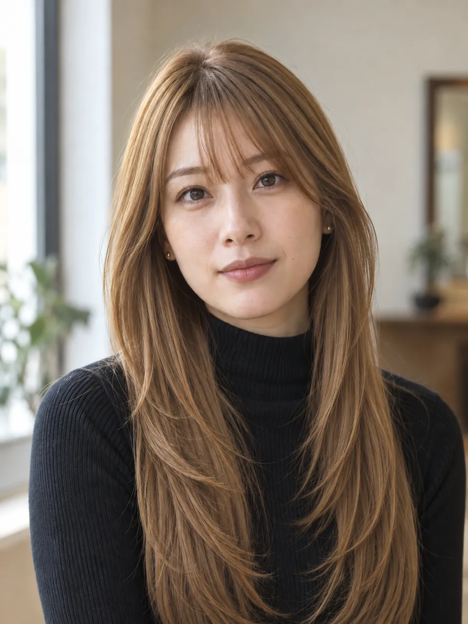 ハニーブラウンの髪色で、黒のニット姿の30代女性のイメージ