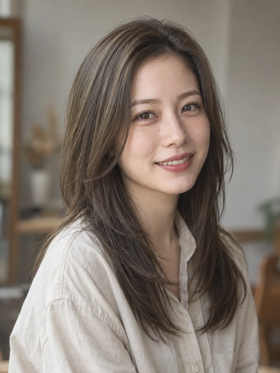 ミントブラウンの髪色で、シャツ姿の20代女性のイメージ