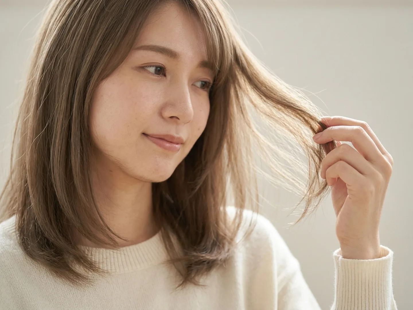 自分の髪を光に透かして色を確かめる女性のイメージ