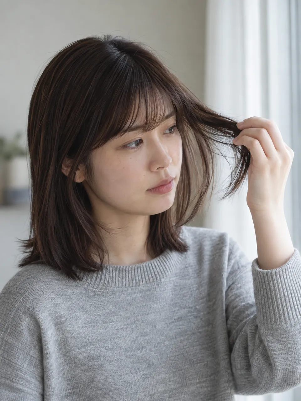 窓辺で暗く重たく見える髪を指で持ち上げて見る女性のイメージ