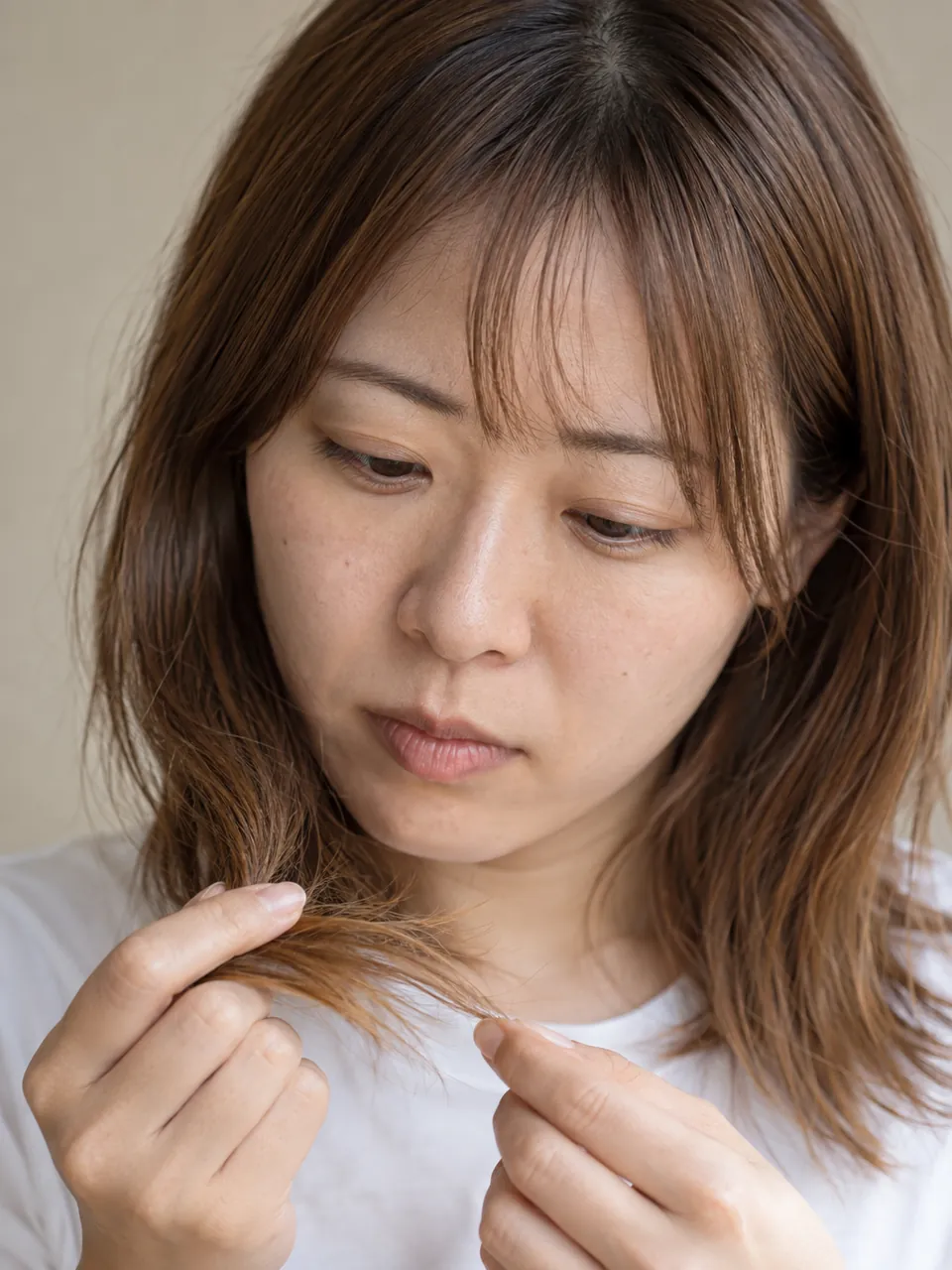 色が抜けて黄色っぽくなった毛先を見る女性のイメージ