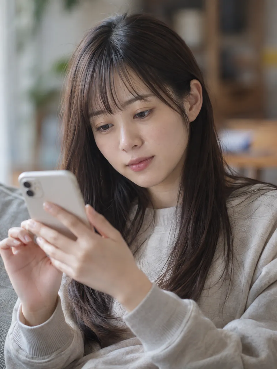 スマートフォンで髪色の写真を見ながら考える女性のイメージ