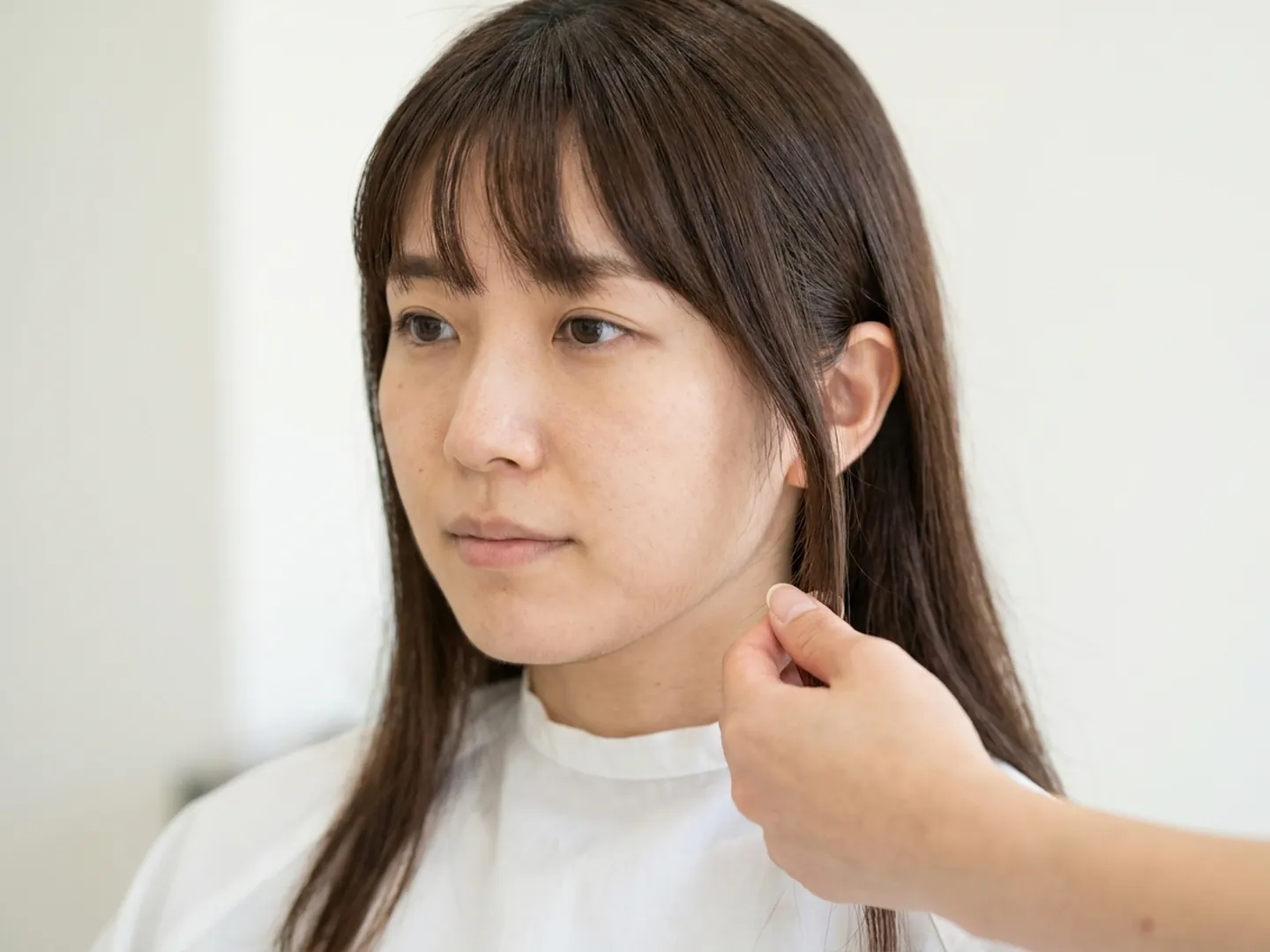 カットの前に、顔まわりの髪をどこから段にするか確かめる相談のイメージ