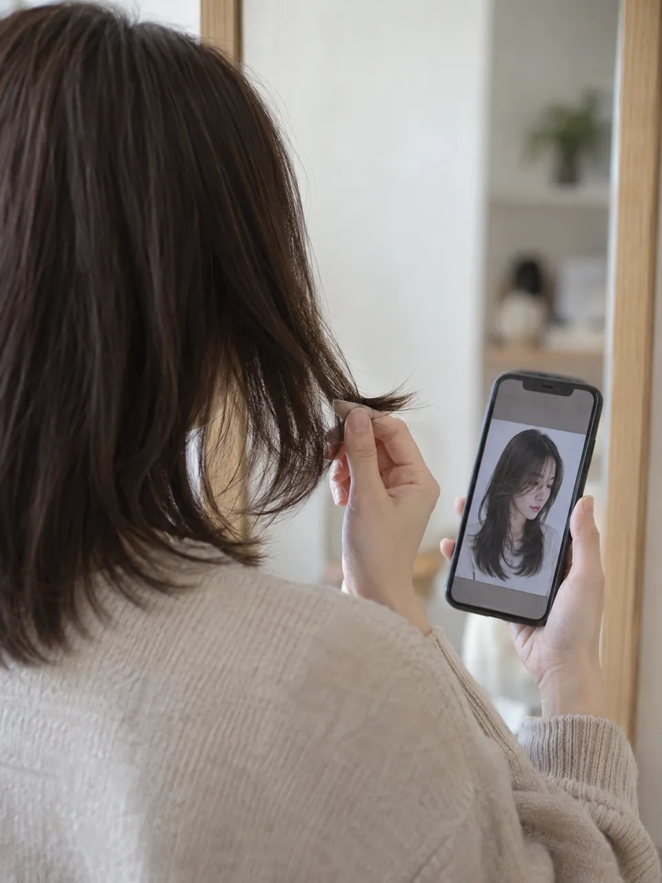 保存した髪型の写真と自分の毛先を見比べる女性の手元のイメージ