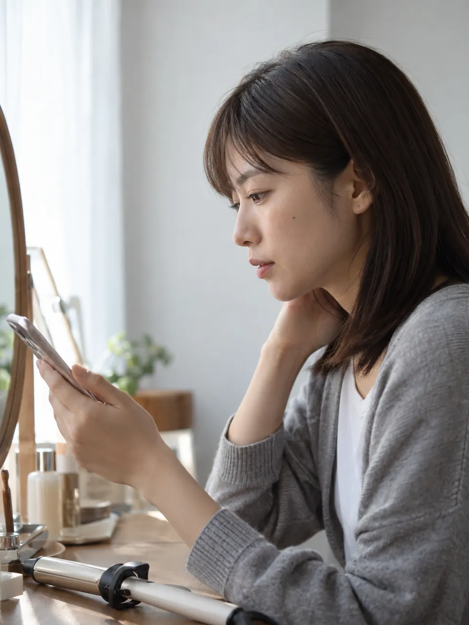 朝、コテを前にスマートフォンで時間を見る女性の横顔のイメージ
