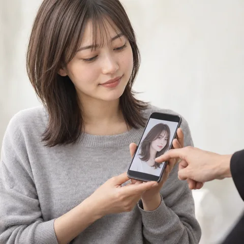 保存した髪型の写真を見せて相談するイメージ