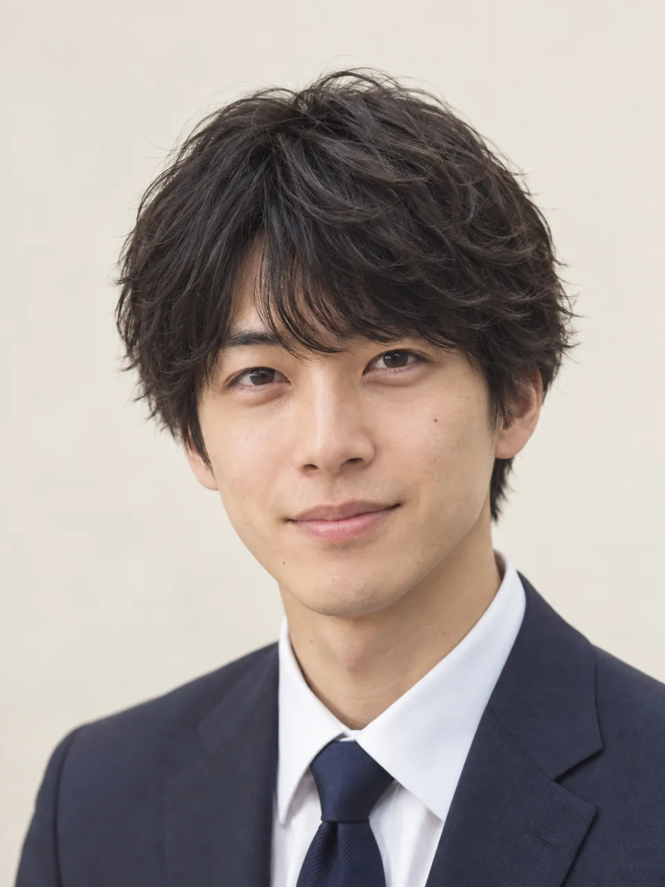 フェザーパーマでスーツ姿の20代男性のイメージ