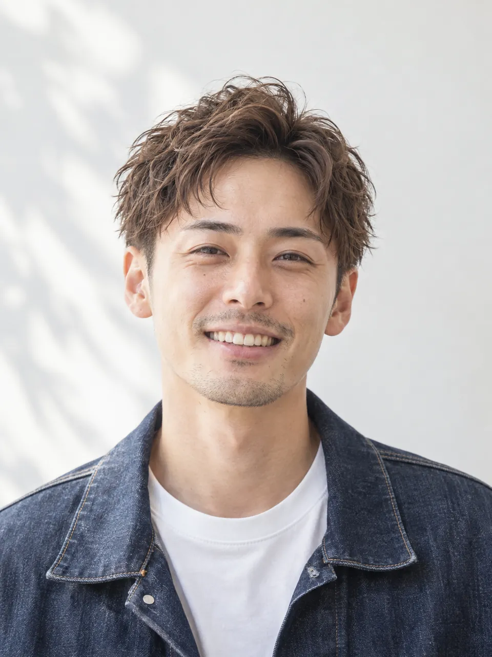 パーマをかけたショートでデニムジャケットの30代男性のイメージ