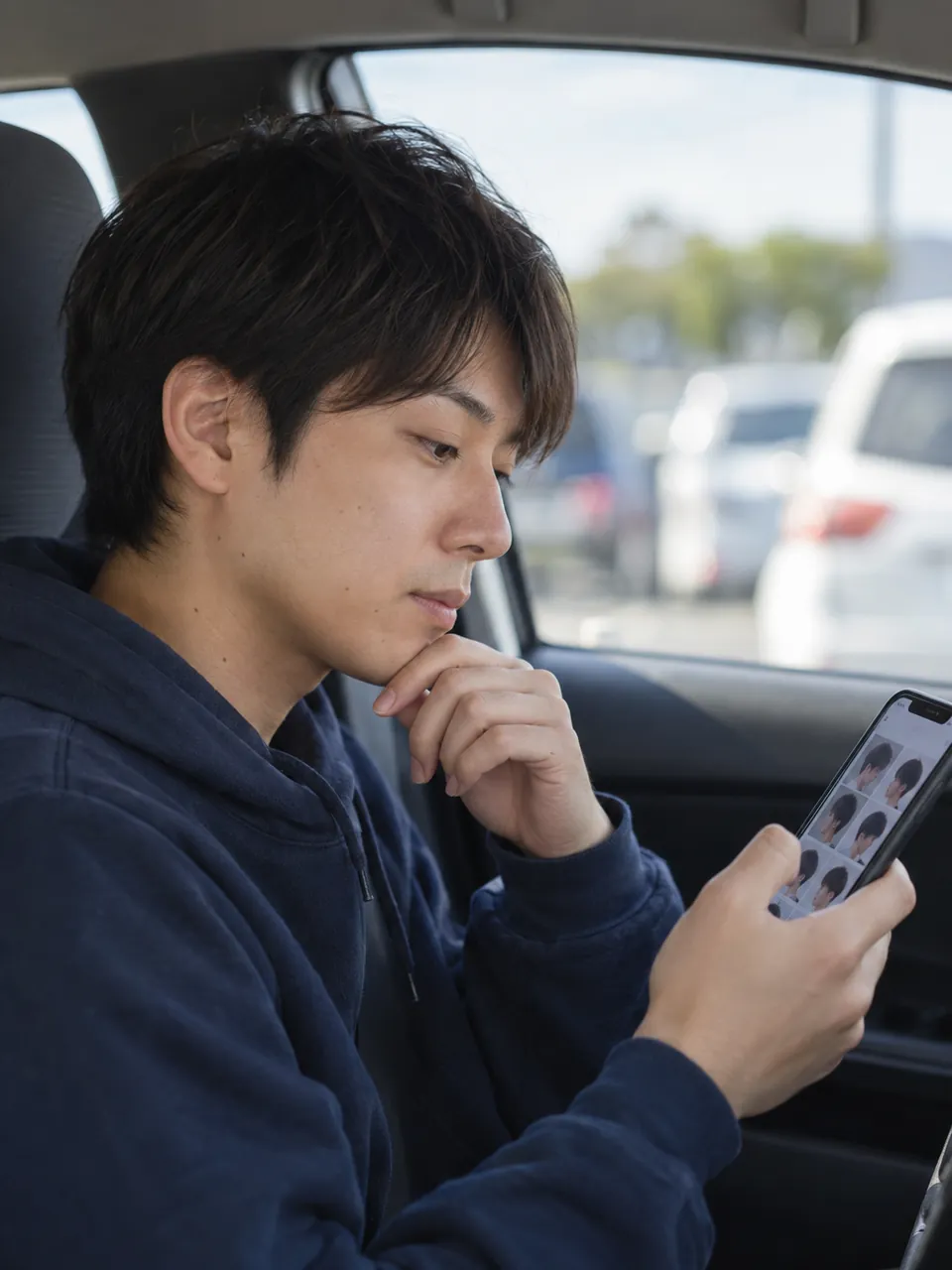 車の中でスマートフォンの髪型写真を見て考える男性のイメージ