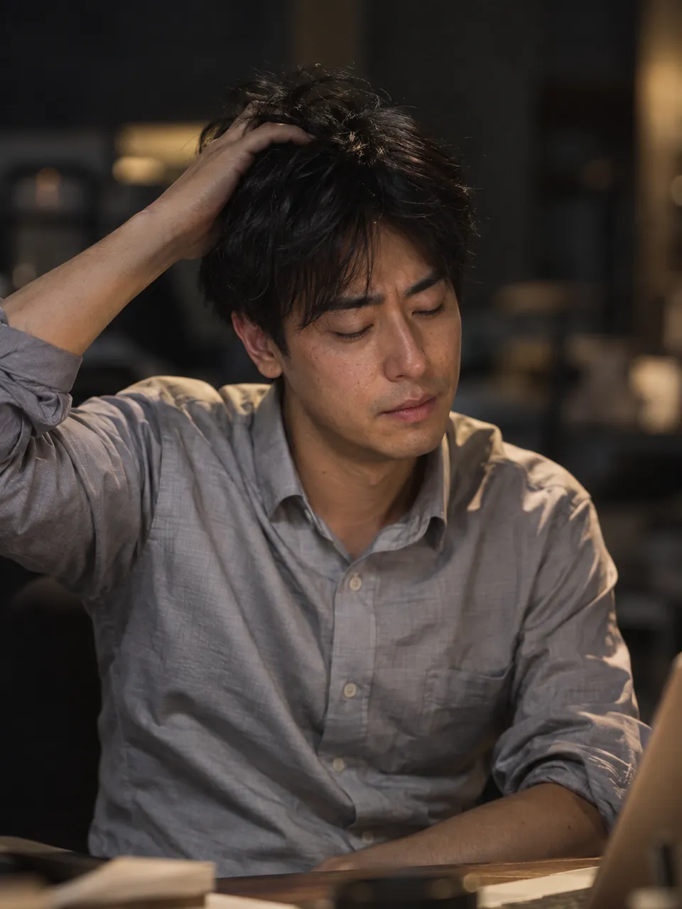 仕事のあと頭皮を指で押さえる男性のイメージ